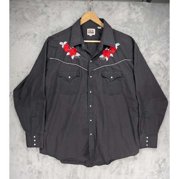 Ely Cattleman Other - ELY Cattleman Men's XL Western Pearl Snap Shirt Black Red Rose Embroidered